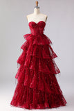 Sparkly Burgundy Sequin Long Corset Prom Dress with Ruffles