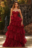 Sparkly Burgundy Ball Gown Sequin Maxi Corset Prom Dress with Ruffles