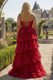 Sparkly Burgundy Ball Gown Sequin Maxi Corset Prom Dress with Ruffles