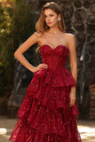 Sparkly Burgundy Ball Gown Sequin Maxi Corset Prom Dress with Ruffles