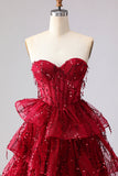 Sparkly Burgundy Sequin Long Corset Prom Dress with Ruffles