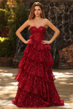 Sparkly Burgundy Ball Gown Sequin Maxi Corset Prom Dress with Ruffles
