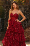 Sparkly Burgundy Ball Gown Sequin Maxi Corset Prom Dress with Ruffles
