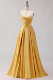Golden A Line Sweetheart Maxi Corset Prom Dress with Slit