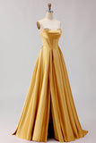 Golden A Line Sweetheart Maxi Corset Prom Dress with Slit