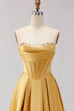 Golden A Line Sweetheart Maxi Corset Prom Dress with Slit