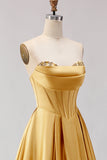 Golden A Line Sweetheart Maxi Corset Prom Dress with Slit