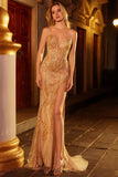 Sparkly Golden Sweetheart Long Beaded Mermaid Prom Dress with Slit