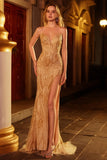 Sparkly Golden Sweetheart Long Beaded Mermaid Prom Dress with Slit