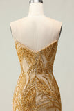Sparkly Golden Strapless Mermaid Long Beaded Prom Dress with Slit