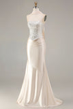Sparkly Champagne Neck Scarf Mermaid Long Prom Dress with Beading
