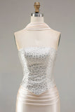 Sparkly Champagne Neck Scarf Mermaid Long Prom Dress with Beading