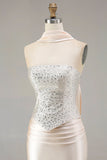 Sparkly Champagne Neck Scarf Mermaid Long Prom Dress with Beading