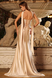 Sparkly Champagne Neck Scarf Mermaid Long Prom Dress with Beading