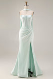 Light Green Neck Scarf Mermaid Corset Long Prom Dress with Slit