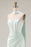 Light Green Neck Scarf Mermaid Corset Long Prom Dress with Slit