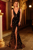 Black Golden Mermaid V Neck Long Sparkly Beaded Prom Dress with Slit