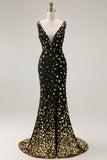 Sparkly Black Golden Mermaid V Neck Long Beaded Prom Dress