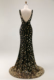 Sparkly Black Golden Mermaid V Neck Long Beaded Prom Dress