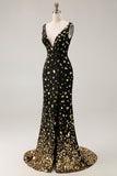 Sparkly Black Golden Mermaid V Neck Long Beaded Prom Dress