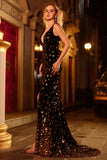 Black Golden Mermaid V Neck Long Sparkly Beaded Prom Dress with Slit