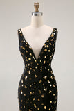 Sparkly Black Golden Mermaid V Neck Long Beaded Prom Dress