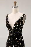Sparkly Black Golden Mermaid V Neck Long Beaded Prom Dress