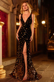 Black Golden Mermaid V Neck Long Sparkly Beaded Prom Dress with Slit