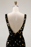 Sparkly Black Golden Mermaid V Neck Long Beaded Prom Dress