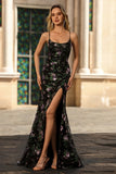 Black Purple Flower Spaghetti Straps Prom Dress with Slit