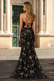 Black Purple Flower Spaghetti Straps Prom Dress with Slit