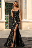 Sparkly Sequin Floral Blue Green Spaghetti Straps Long Prom Dress with Slit