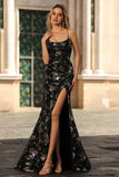 Black Purple Flower Spaghetti Straps Prom Dress with Slit
