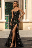 Black Purple Flower Spaghetti Straps Prom Dress with Slit