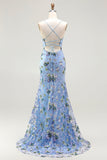 Sparkly Sequin Floral Blue Green Spaghetti Straps Long Prom Dress with Slit