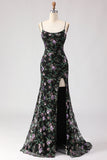 Sparkly Black and Purple Sequined Mermaid Floral Long Prom Dress with Slit