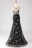 Sparkly Black and Purple Sequined Mermaid Floral Long Prom Dress with Slit
