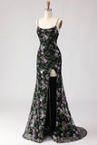 Sparkly Black and Purple Sequined Mermaid Floral Long Prom Dress with Slit