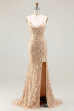 Sparkly Champagne Mermaid Floral Long Prom Dress with Slit