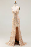 Sparkly Champagne Mermaid Floral Long Prom Dress with Slit