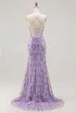 Sparkly Floral Purple Spaghetti Straps Mermaid Long Prom Dress with Slit