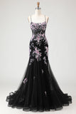 Sparkly Beaded Black and Pink Floral Mermaid Long Corset Prom Dress