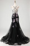 Sparkly Beaded Black and Pink Floral Mermaid Long Corset Prom Dress
