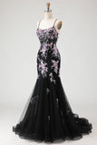 Sparkly Beaded Black and Pink Floral Mermaid Long Corset Prom Dress
