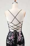 Sparkly Beaded Black and Pink Floral Mermaid Long Corset Prom Dress
