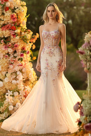 White Pink Flower Corset Spaghetti Straps Long Prom Dress with Appliques