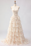 Pink and Red Floral Ruffled Long Corset Tiered Prom Dress with Bow