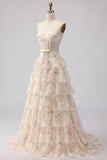 Pink and Red Floral Ruffled Long Corset Tiered Prom Dress with Bow