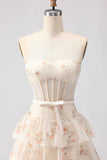 Pink and Red Floral Ruffled Long Corset Tiered Prom Dress with Bow