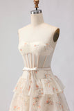 Pink and Red Floral Ruffled Long Corset Tiered Prom Dress with Bow
